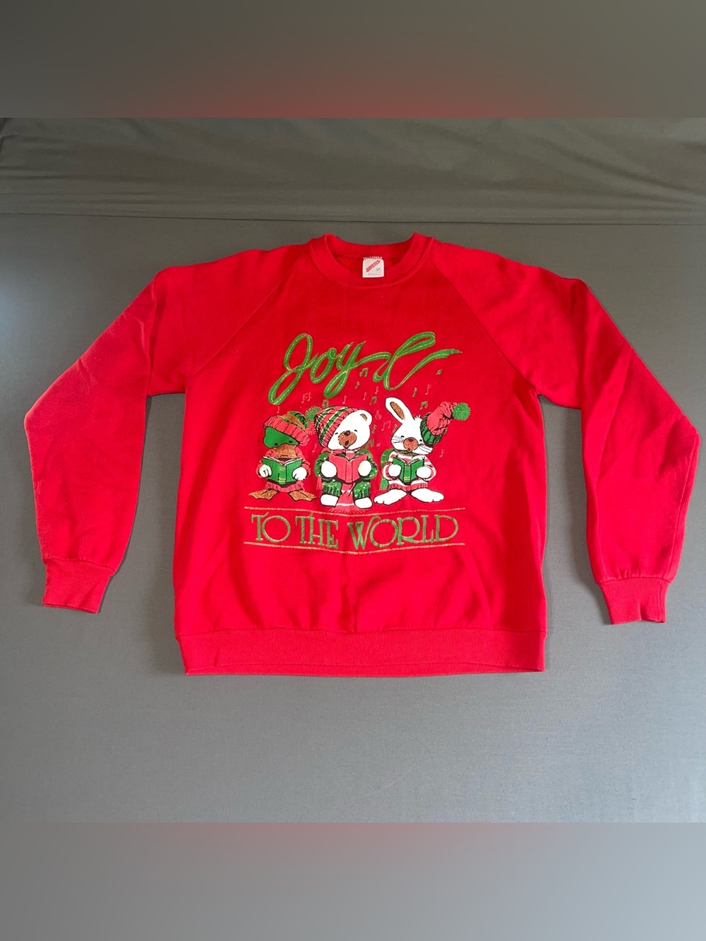 Vintage Christmas Sweatshirt Joy To The World Red Jerzees USA Adult Large 42-44